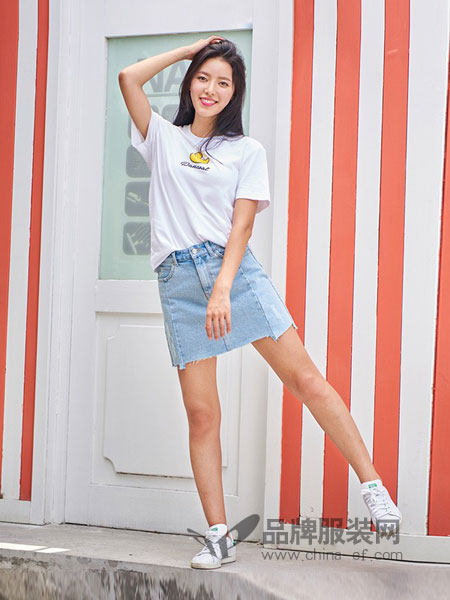 盼酷休闲2018春夏拼接牛仔短裙女高腰显瘦半身裙A字裙