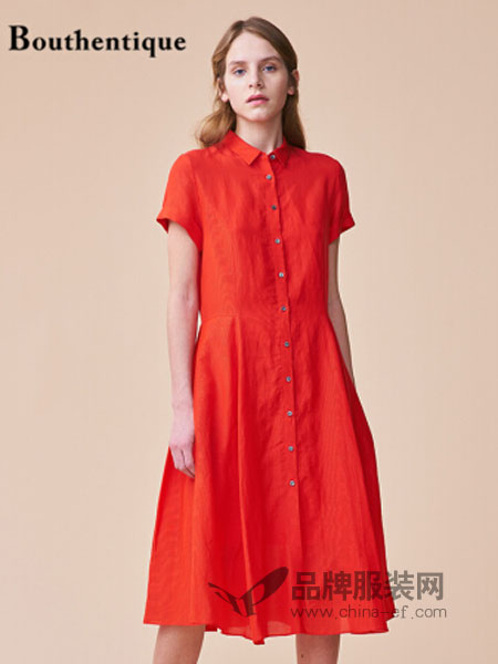bouthentique女装2018春夏新款时尚优雅短袖长款连衣裙红色女