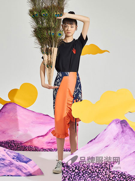 密扇女装2018春夏撞色拼接不对称系带包臀半身裙