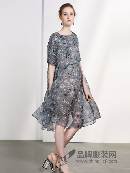 主格女装2018春夏新款两件式圆领花卉短袖宽松时尚韩版连衣裙