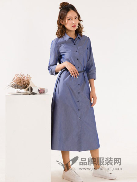 Aline阿莱女装2018春夏新款时尚牛仔蓝七分袖衬衫式连衣裙 A字版