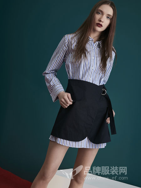 水淼SHUIMIAO女装2018秋季新款韩版条纹钉珠衬衫气质修身上衣