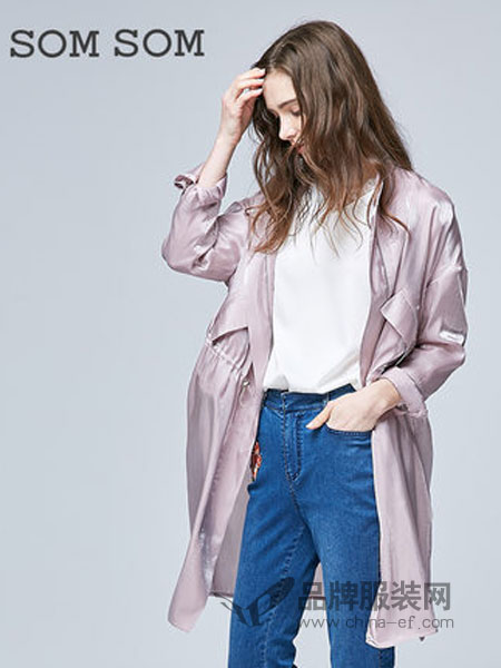 索玛女装2018秋季新品韩版亮面中长款立领个性长袖风衣外套