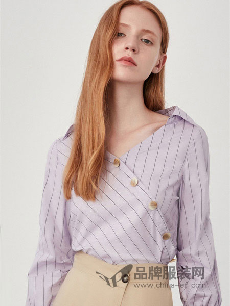 布莎卡女装2018秋季粉紫色斜纽扣全棉条纹七分袖衬衫