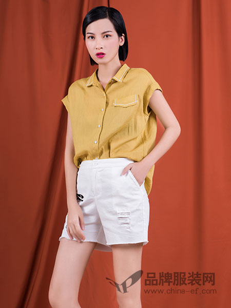 S&D女装2018秋黄色短袖衬衫