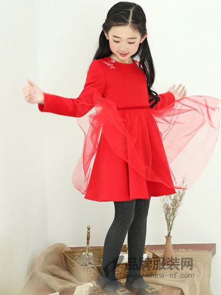 布布发现童装2018秋冬中国风礼服小学生红色秋装长袖连衣裙