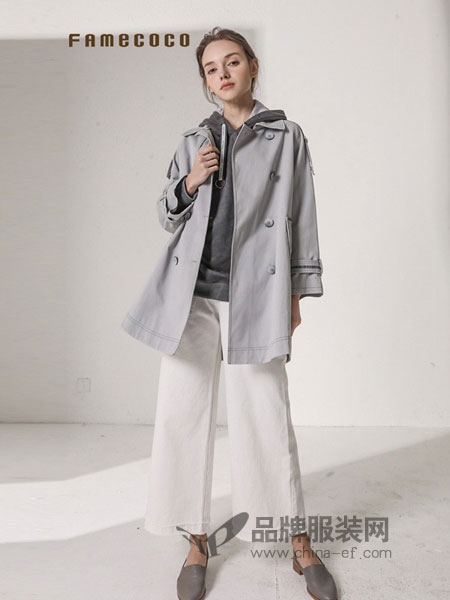范可儿女装2018秋冬双排扣含腰带设计通勤风中长款风衣外套