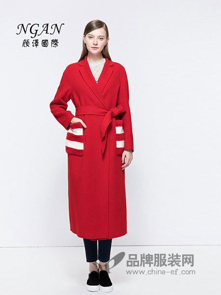 颜泽NGAN女装2018秋冬红色浴袍款双面羊毛呢纯手工大衣外套