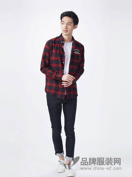 杰克沃克JACKWALK男装2018秋冬长袖纯棉休闲帅气修身红色格子上衣