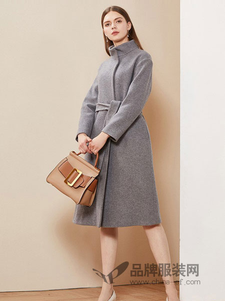 卡迪黛尔女装2018秋冬新款中长款韩版收腰灰色立领羊毛大衣