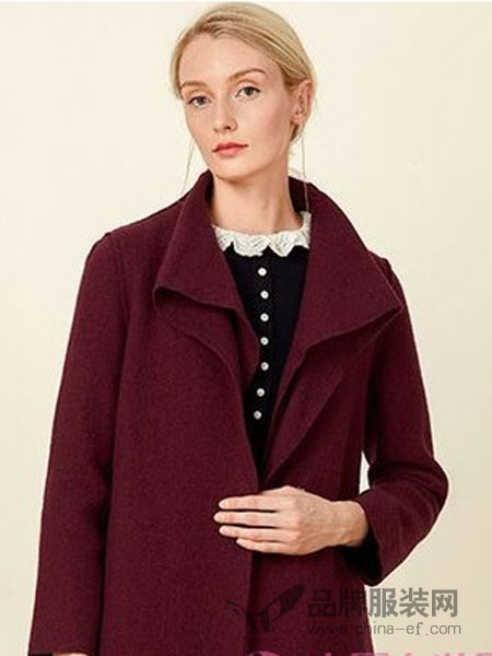 欧柏兰奴女装2018冬季复古红羊毛翻领盘扣收腰中长款毛呢大衣