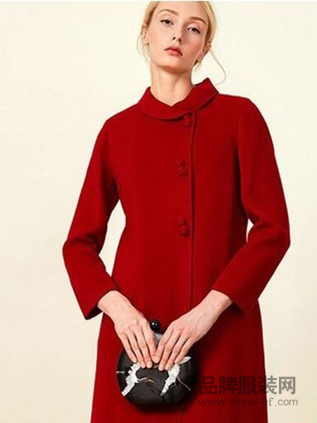 欧柏兰奴女装2018冬季复古红色H型中长款毛呢大衣外套