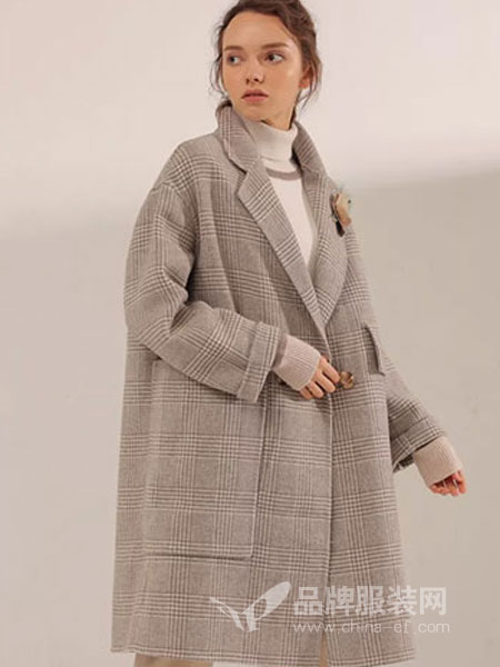 范可儿女装2018秋冬新款中长款单排扣羊毛大衣格子外套