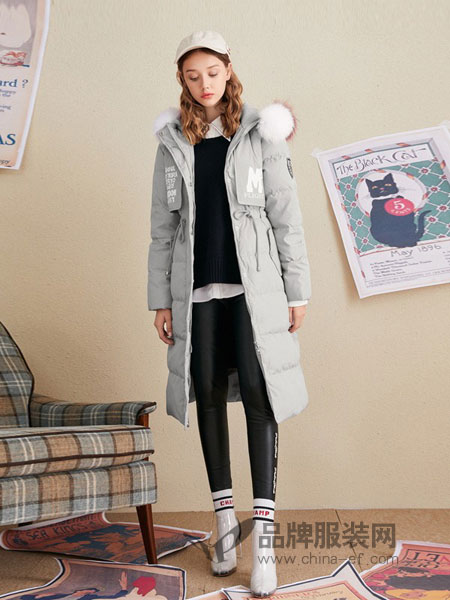 菲妮尔女装2018秋冬新款设计系带中长款羽绒服外套