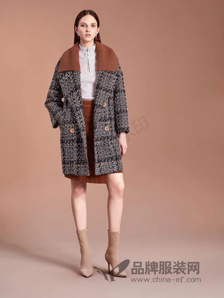 CAR SU女装2018秋冬新款羊羔毛领长款粗呢羊毛大衣羽绒服外套