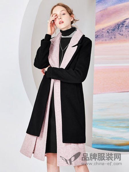糖力潮品女装2018冬季拼色假两件羊毛呢子大衣
