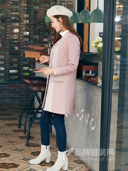 艾路丝婷女装2018秋冬中长款长袖粉色棉服拼接时尚外套
