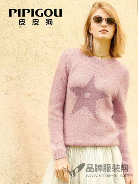 皮皮狗女装2018冬季银丝绣星星图案针织羊毛衫
