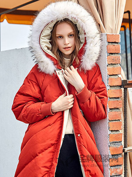 迪思兰柏女装2018秋冬新款韩版大毛领红色宽松大口袋白鸭绒外套