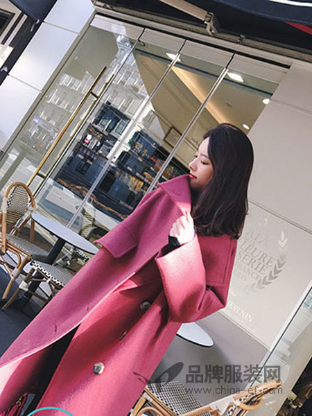 佰莉衣橱女装2018秋冬韩版新款西装领粉色呢子中长款毛呢外套大衣