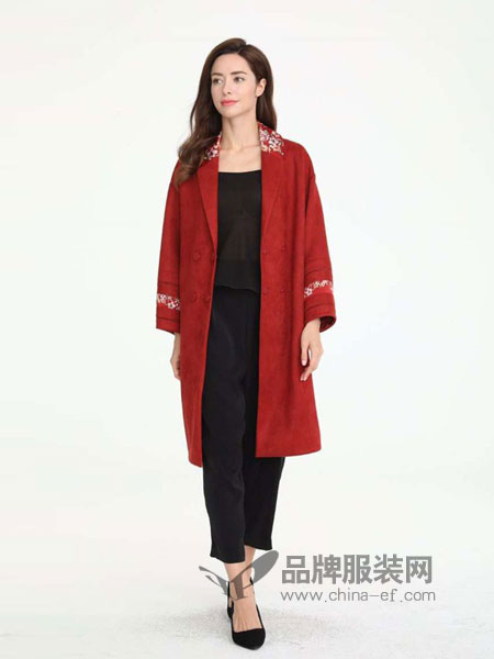 兰丝绘女装2018秋冬新款红色长袖风衣女中长款时尚大衣