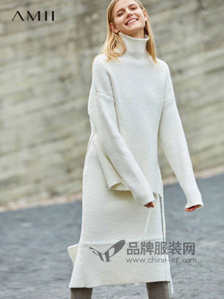 艾米女装2018冬季高领纯色中长款毛衣连衣裙