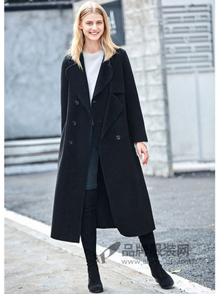 艾米女装2018冬季黑色双排扣中长款毛呢外套