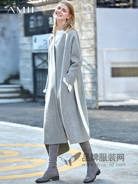 艾米女装2018冬季纯色中长款毛呢外套