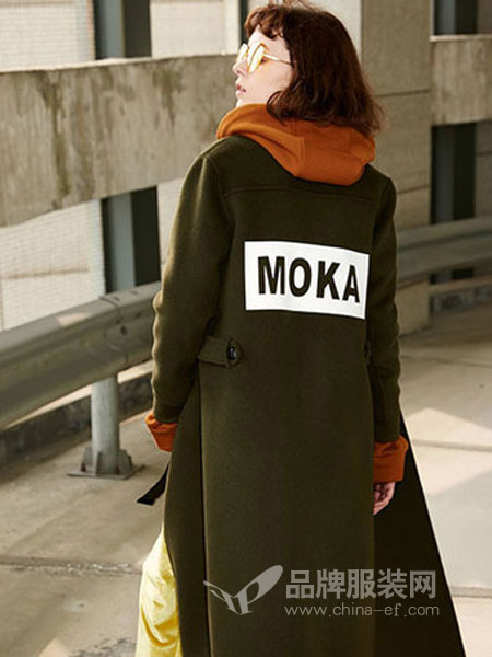 MOKA女装2018秋冬新品双面呢大衣 钉珠大衣 长款棒球服