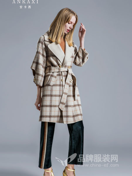 安卡茜女装2018秋冬英伦风格纹双排扣系带双面羊毛呢大衣