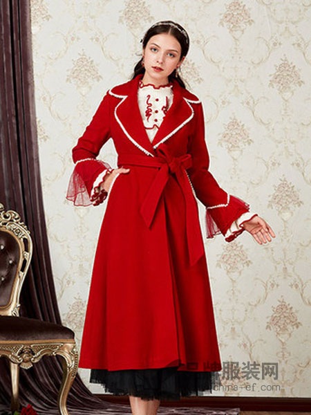 花儿开了女装2018秋冬新款甜美公主风衣外套西装领系带红色大衣长款