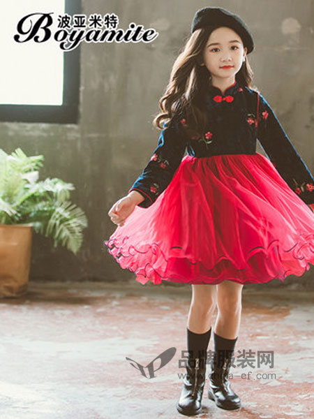波亚米特童装2018秋冬公主裙民族风复古旗袍裙两件套裙红