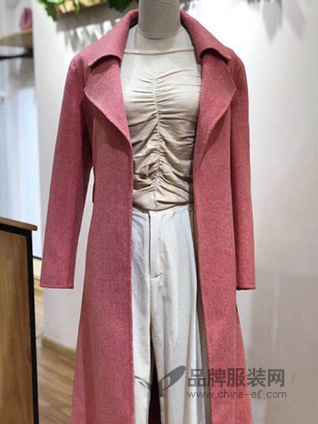 摩兰度女装2018秋冬西装领腰带收腰修身长款外套