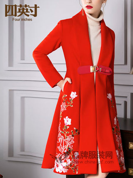四英寸女装2018秋冬皮扣红色绣花中长款毛呢外套