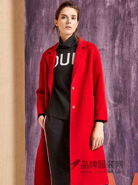 华丹尼女装2018秋冬新款红色中长款外套保暖宽松直筒休闲