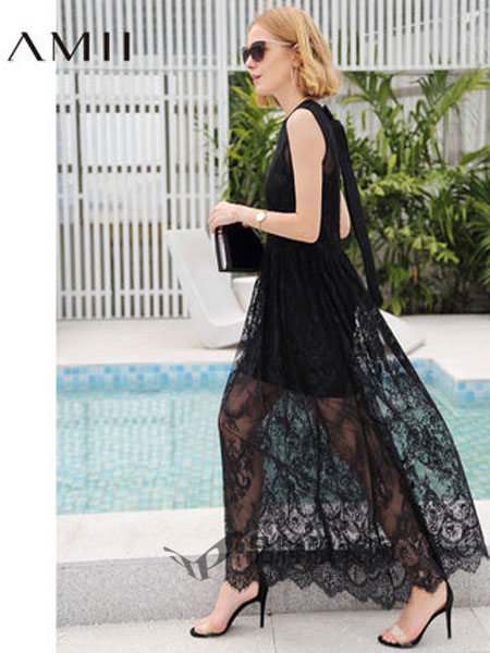 艾米女装2019春季仙气黑色蕾丝透视无袖连衣裙