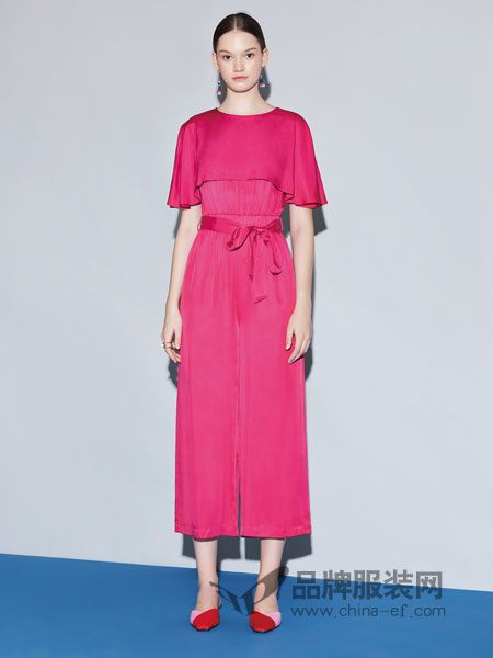 红凯贝尔女装2019春季休闲气质收腰显瘦中长款短袖纯色时尚连衣裙