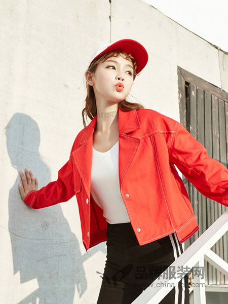 天使韩城TSHC女装2018秋冬红色长袖纯棉小外套两粒扣荷叶领西装领