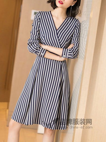 米思阳女装2019春季拼色竖条纹修身显瘦长袖连衣裙