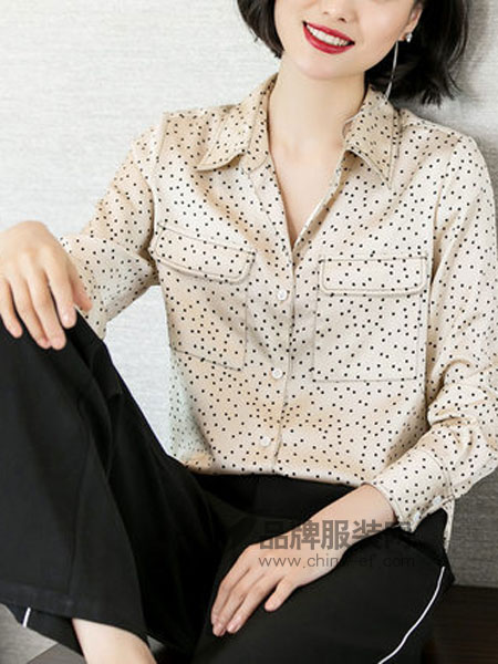 米思阳女装2019春季气质复古印花修身显瘦长袖衬衫