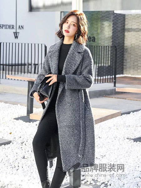 埃芙衣女装2018秋冬新款含羊毛侧兜长款外套毛呢大衣