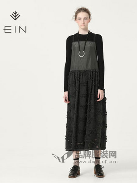 EINyan女装品牌2019春季高腰网纱拼接中长款裙