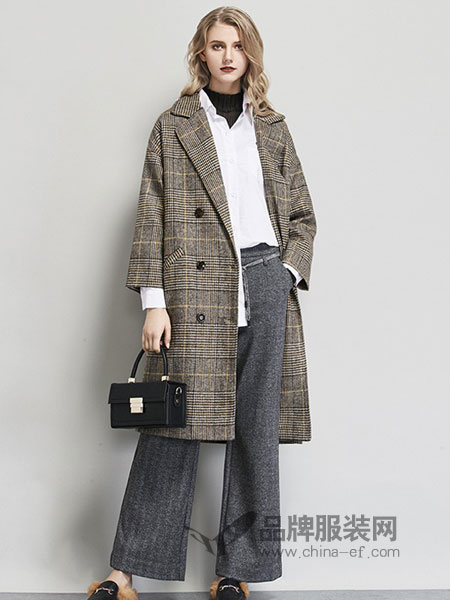 艾米女装品牌2018秋冬新款 英伦双排扣人字纹袖扣中长款羊毛大衣