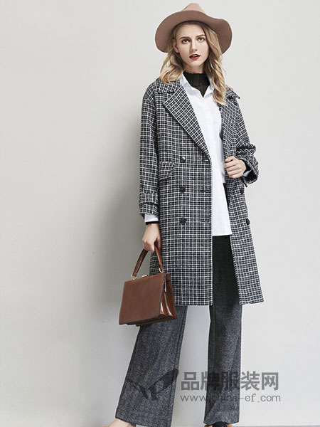 艾米女装品牌2018秋冬新款时尚休闲气质中长款格呢大衣外套