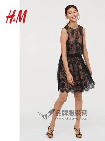 H&M女装品牌2019春季细肩带无袖蕾丝连衣裙