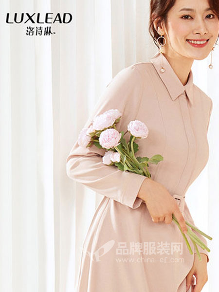 洛诗琳女装品牌2019春季收腰针织衬衫领连衣裙女长袖