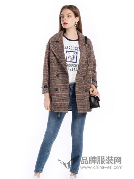 歌宝琪女装品牌2018冬季新款韩版格子复古女装宽松长袖双排扣