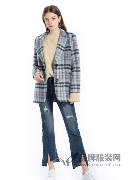 歌宝琪女装品牌2018冬季新品 格子毛呢外套韩版双排扣百搭呢子大衣