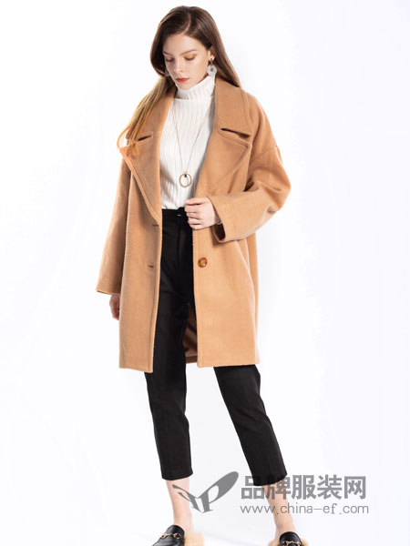 歌宝琪女装品牌2018冬季羊毛羊绒直筒系带毛呢外套