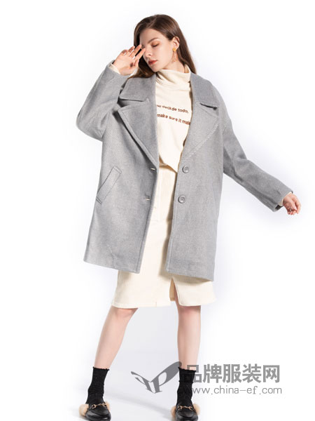 歌宝琪女装品牌2018冬季新款韩版大翻领中长款毛呢外套大衣